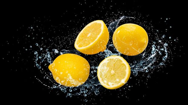 Yellow lemon with water splash flying in the air isolated on black background