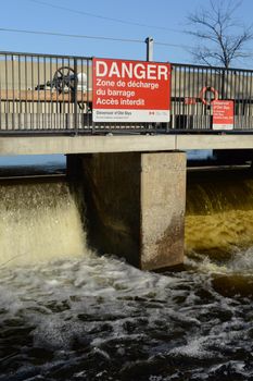 SMITHS FALLS, ONTARIO, CANADA, MARCH 22, 2021: Old Slys water Dam on the Rideau Canal located in the small town of Smiths Falls, Ontario.