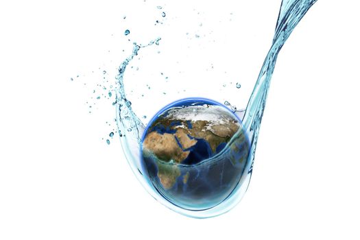 Planet Earth splashing in water surface isolated on white, environment and save earth concept. Element of this image furnished by Nasa