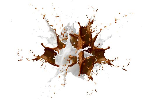 Coffee and milk flying  splashing  isolated with clpping path on white background