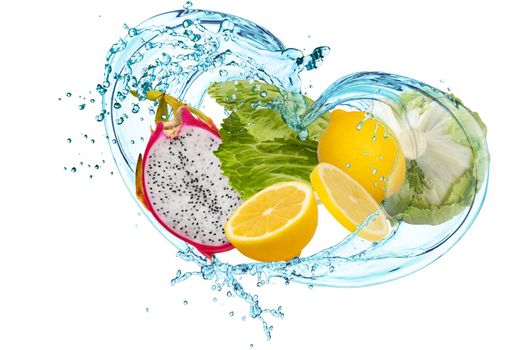 Water splash with mixed fruit and vegetable isolated on white with clipping path