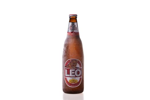 BANGKOK, THAILAND -October 20, 2020: Leo beer on white background.Leo beer created by boon rawd brewery co.,ltd produced of Thailand,Thai people like to drink because cheap and soft flavor,isolated on whit with clipping path