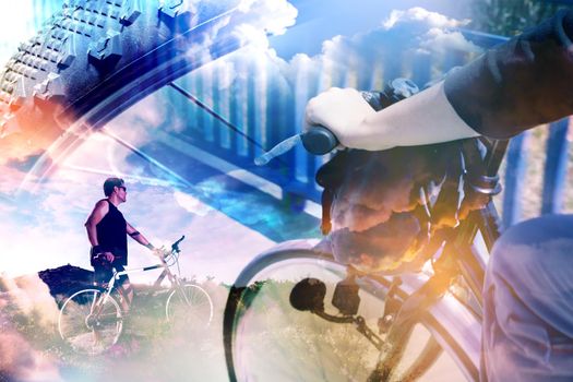 Bicycle and extreme sport concept background.Lifestyle and adventure with bike double exposure.