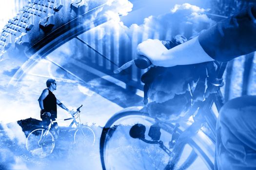 Bicycle and extreme sport concept background.Lifestyle and adventure with bike double exposure.
