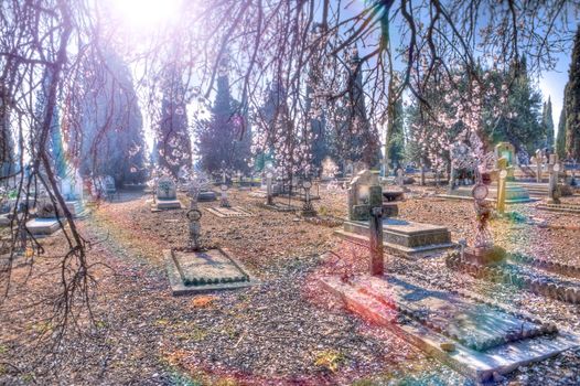 Scenic cemetery and graveyard sunset