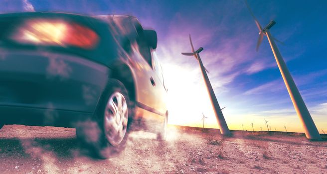 Wind mills and tire car detail.Electricity and ecology