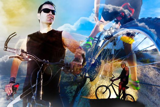 Bicycle and extreme sport concept background.Lifestyle and adventure with bike double exposure.