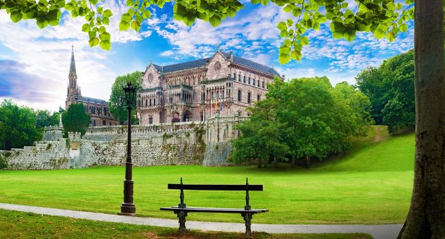 Scenic historic architecture.Cantabria and Santander tourism landmark.Comillas palace. Spain travel and adventures