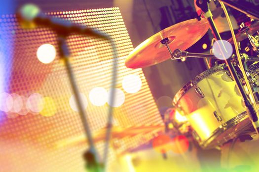 Live music background. Drumset on stage.Concert and show entertainment