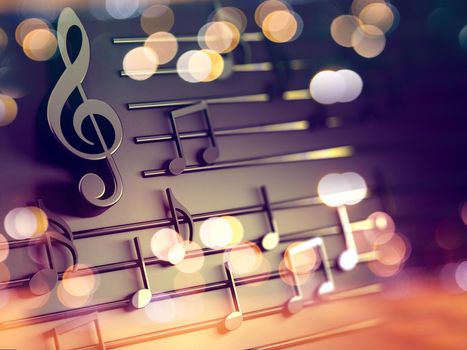 3d illustration of musical notes and musical signs of abstract music sheet.Songs and melody concept