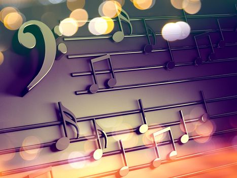 3d illustration of musical notes and musical signs of abstract music sheet.Songs and melody concept