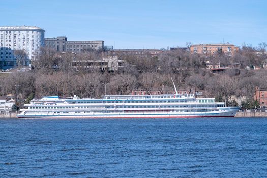 pleasure passenger ship on the background of the city. High quality photo