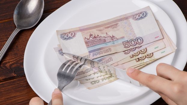 Russian rubles on a plate.Sawing the budget, the living wage, or the dual currency basket in Russia.The crisis in countries is caused by falling exchange rates.Fall in the exchange rate of the ruble