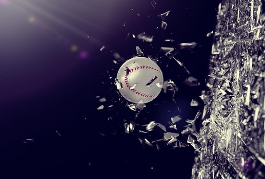 Baseball ball in motion breaking the glass.Concept of action and strength in team sport