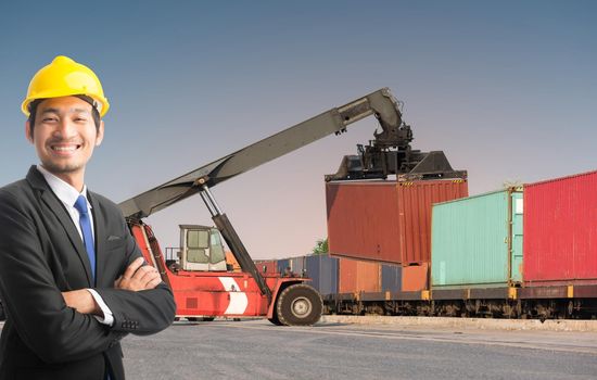 Businessman stand on front forklift loading Containers box to Logistic cargo Import Export Background