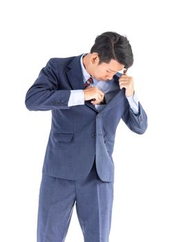 Young asian business men portrait holding phone in suit over white background