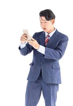 Young asian business men portrait holding phone in suit over white background