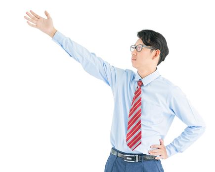 Male wearing blue shirt and red tie reaching hand out isolated on white background