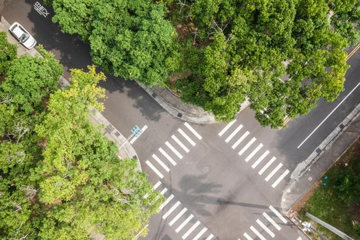 aerial view of street intersection at a city