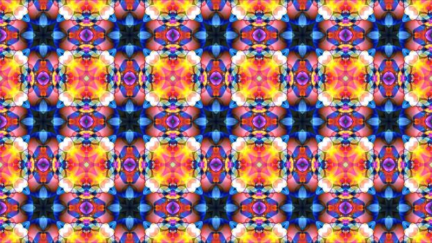 Big red yellow shape heart flower with black flower dark cross and blue leaves kaleidoscope reflection texture pattern background
