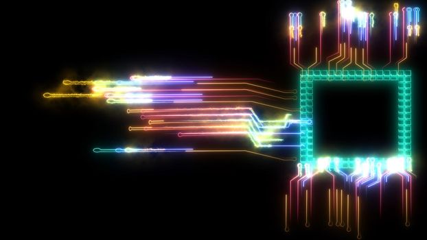 Futuristic abstract rainbow digital intelligent twisted light high speed chip data processing technology full power and energy cell moving around