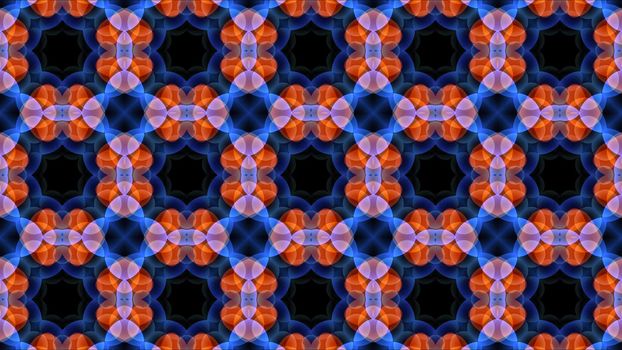 gray ball and glow orange four heart shape on blue kaleidoscope reflection texture background