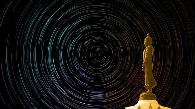 star trail on the sky back Buddha looking seven day style standing status