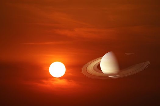 sunset sky back on red cloud and colse up to rings of saturn planet, Elements of this image furnished by NASA