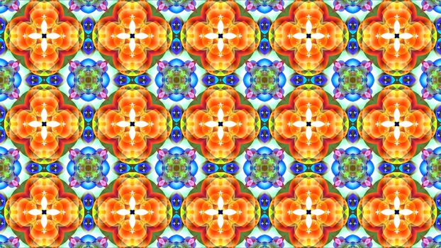 triple red yellow giant flower cross blue pollen with white stars and green flower kaleidoscope reflection texture pattern background