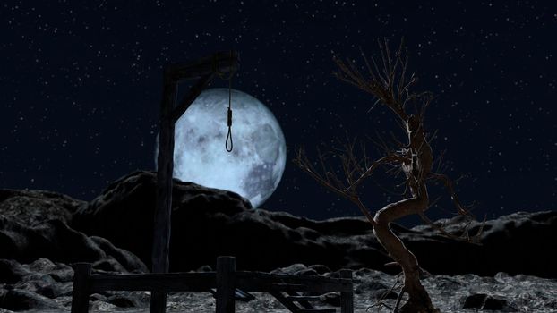 Gallow at a spooky night with blue full moon - 3d rendering
