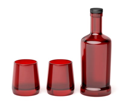 Red glass bottle and two empty glasses on white background