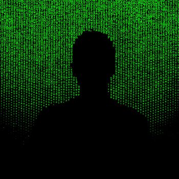 Man silhouette matrix illustration, green vertical lines of random letters and digits on black background