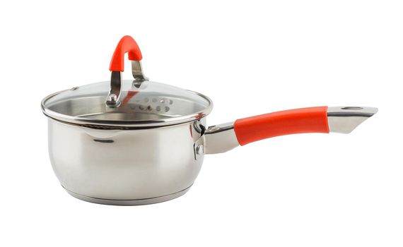 small shiny stainless steel pot with orange silicon handle and glass lid - isolated on white background