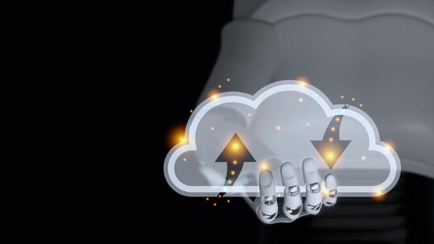 Hand of cyborg is holding transparent glass cloud with orange light have blur body of android robot on black background and copy space 3d render. Cloud computing upload and download data automatic ai concept.