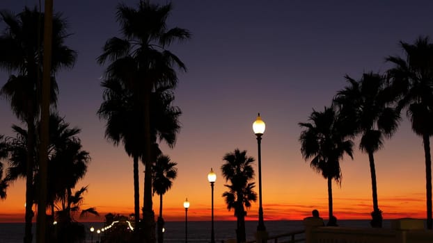 Oceanside, California USA - 27 Dec 2020: Palms silhouette twilight sky, dusk nightfall atmosphere. People walking on pier. Tropical pacific ocean beach, sunset afterglow aesthetic. Los Angeles vibes.