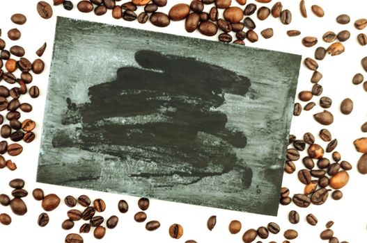 Shopping cart with coffee beans on a white background. Top view, isolate. Concept of the coffee industry.