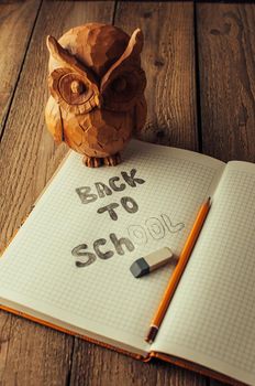 Back to school, the concept of parenting. Owl on a wooden table. The inscription on the slate color chalk. School supplies, rustic.