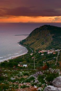 Elevated view of the coast near Terracina, Italy, at sunset.