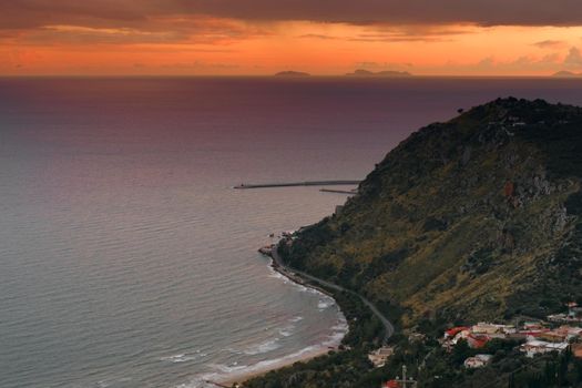Elevated view of the coast near Terracina, Italy, at sunset.