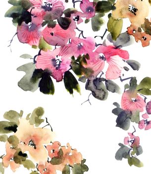 Watercolor and ink illustration of blossom tree branch with flowers, buds and leaves. Oriental traditional painting in style sumi-e, u-sin and gohua.