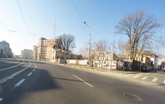 Changes and complications caused by coronavirus epidemy, world without crowds, virus empties streets. No traffic jam, no pollution, empty streets in downtown Bucharest, Romania, 2020