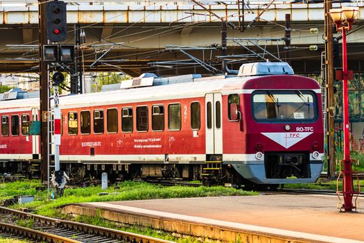 Detail of train in motion at train platform at Bucharest North Railway Station (Gara de Nord Bucharest) in Bucharest, Romania, 2020