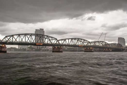 Bangkok, thailand 21 Jul, 2019 : A great scenery evening view of the Phra Phuttha Yodfa Bridge (Memorial Bridge). Vintage Style.