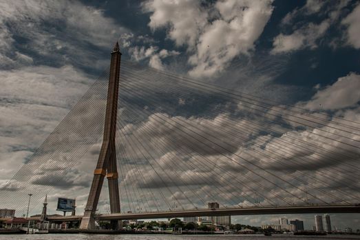 Bangkok, thailand 21 Jul, 2019 : Rama Rama VIII bridge, Rope Bridge across the Chao Phraya River, A tall V-shape pylon tower with view blue sky is background and Cityscape of Bangkok.