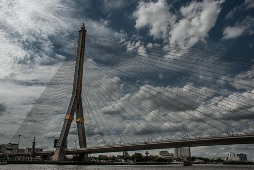 Bangkok, thailand 21 Jul, 2019 : Rama Rama VIII bridge, Rope Bridge across the Chao Phraya River, A tall V-shape pylon tower with view blue sky is background and Cityscape of Bangkok.