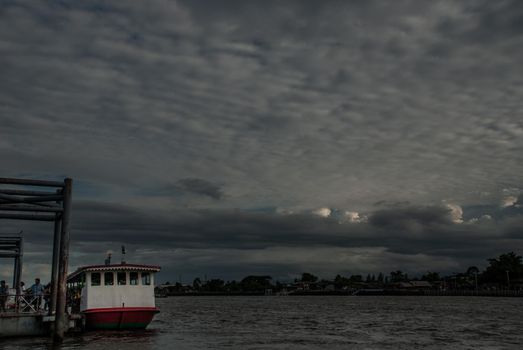 Bangkok, Thailand - 21 Jul 2019 : The passenger ferryboat on the Chao Phraya River. copy space.