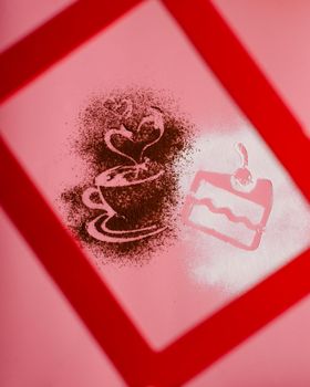 photo frames with heart and coffee silhouette from coffee and powdered sugar on pink background