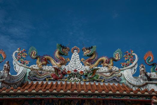 Nonthaburi, Thailand - 21 Jul 2019 : The roof of the beautiful Chinese shrine And has a sky as a backdrop. copy space.
