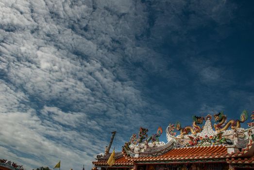 Nonthaburi, Thailand - 21 Jul 2019 : The roof of the beautiful Chinese shrine And has a sky as a backdrop. copy space.