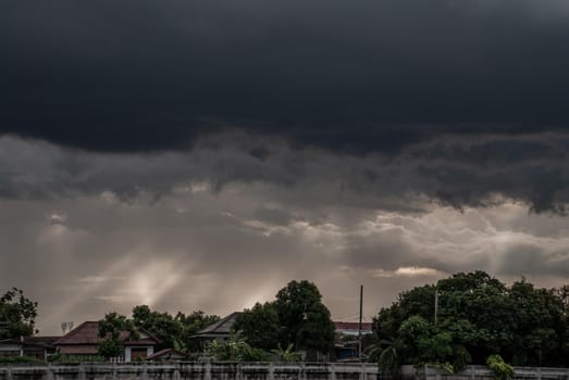 Bangkok, Thailand - 21 Jul 2019 : A view of the Chao Phraya River showing the several wooden local houses in the evening along the Chao Phraya riverside.